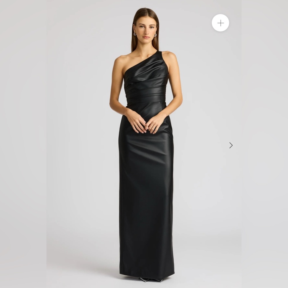 NWT Zac Posen Vegan Leather Black Asymmetrical Ruched Gown